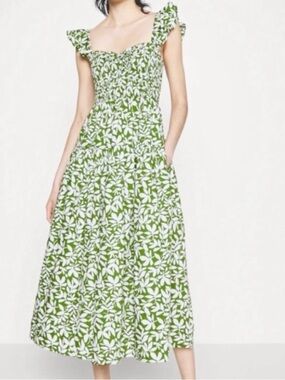 Abercrombie Smocked Floral Midi Dress XL Green White Ruffle Sleeve Pockets